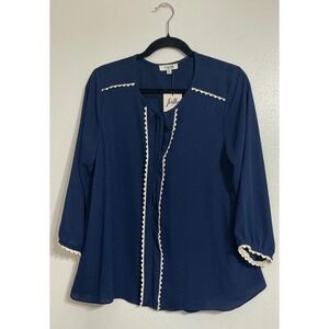 Hayden LA Navy Blue Ric Rac Trim Top Boho Peasant Long Sleeve L Flowy